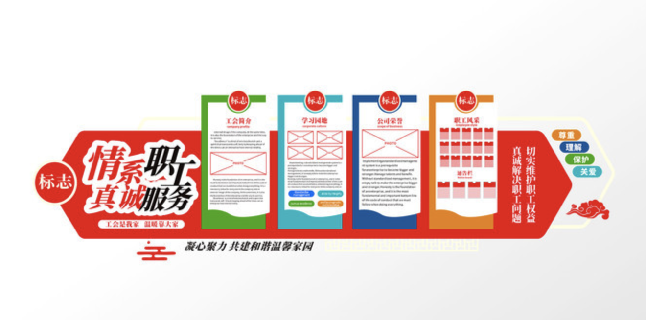 公司前臺大氣logo標語口號文化墻(圖3) 情系職工真誠服務(wù)長廊建設(shè)樓道布企業(yè)文化墻